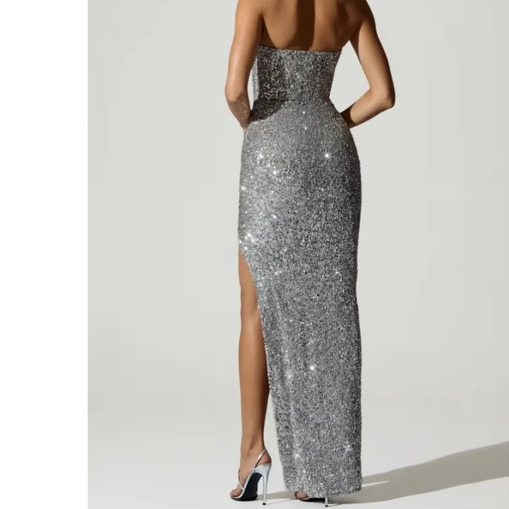 Oh Polly Jasella Embellished Corset Gown Silver Sequin Maxi Dress Sz 14 NEW Prom